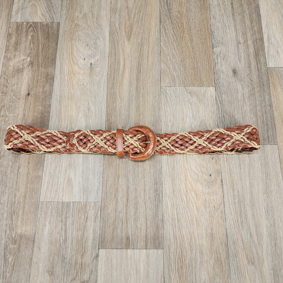 Lands' End Size 34 Braided‎ Belt Woven Tan Brown Leather Accent Waist Belt - Picture 1 of 13